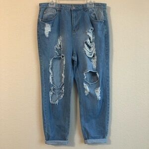 PrettyLittleThing Jeans Blue Boyfriend Distressed Ripped Open Knee Trendy Street
